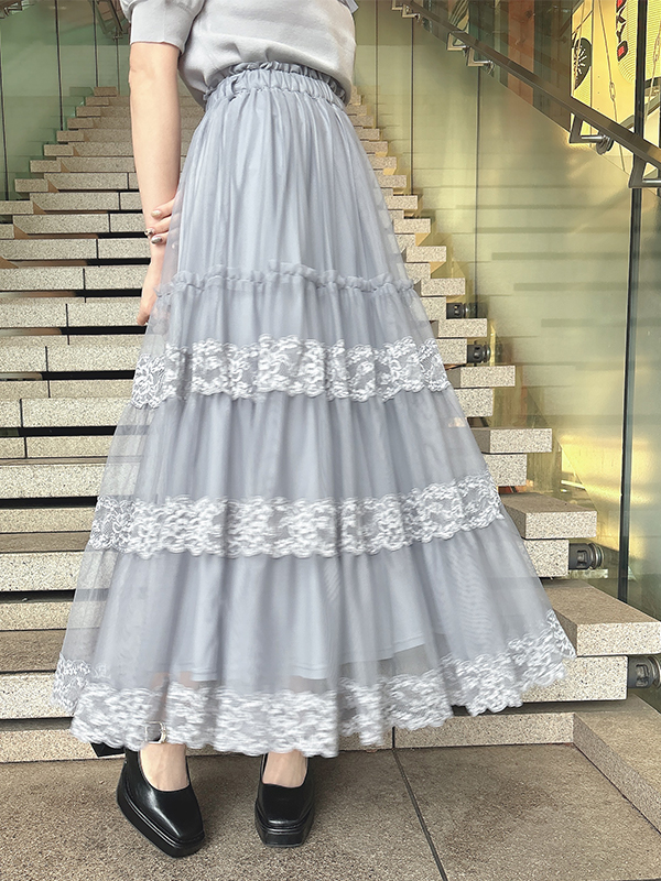Lace switched tulle tiered skirt -レース切替チュール