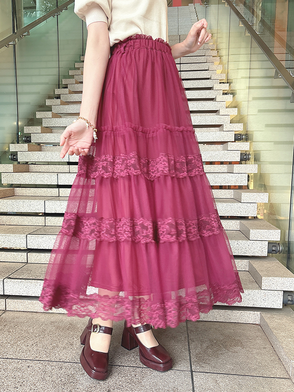 Lace switched tulle tiered skirt -レース切替チュール