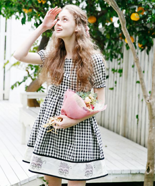 フラワーワゴンプリントギンガムチェックワンピースSet/Roseline by F  