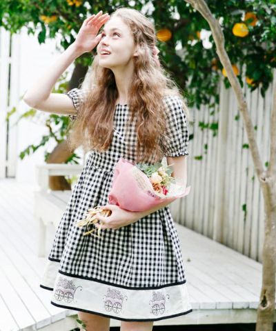 * Flower wagon print gingham check dress Set / Roseline by F int [17EE02g002]