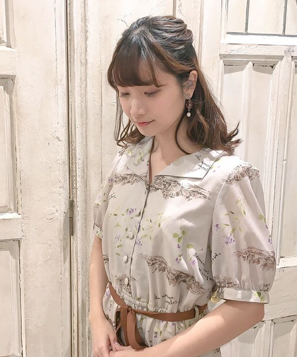 【新品】　南フランス柄5分袖ロングワンピース グリーン　アンアナザーアンジェラス 南フランス柄5分袖ロングワンピース/an another angelus