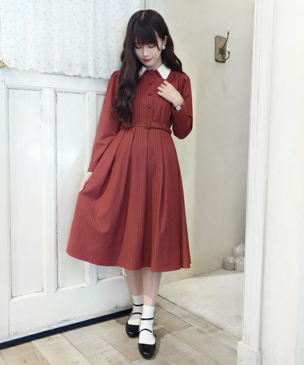 ピンストライプクレリック衿ロングワンピース/an another angelus