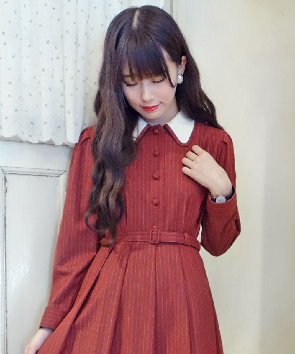 ピンストライプクレリック衿ロングワンピース/an another angelus