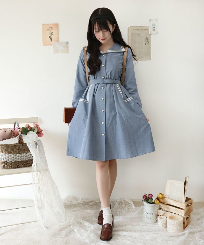 (Outlet-S) 変形セーラー衿シャツワンピース/F i.n.t [37AE02j002]