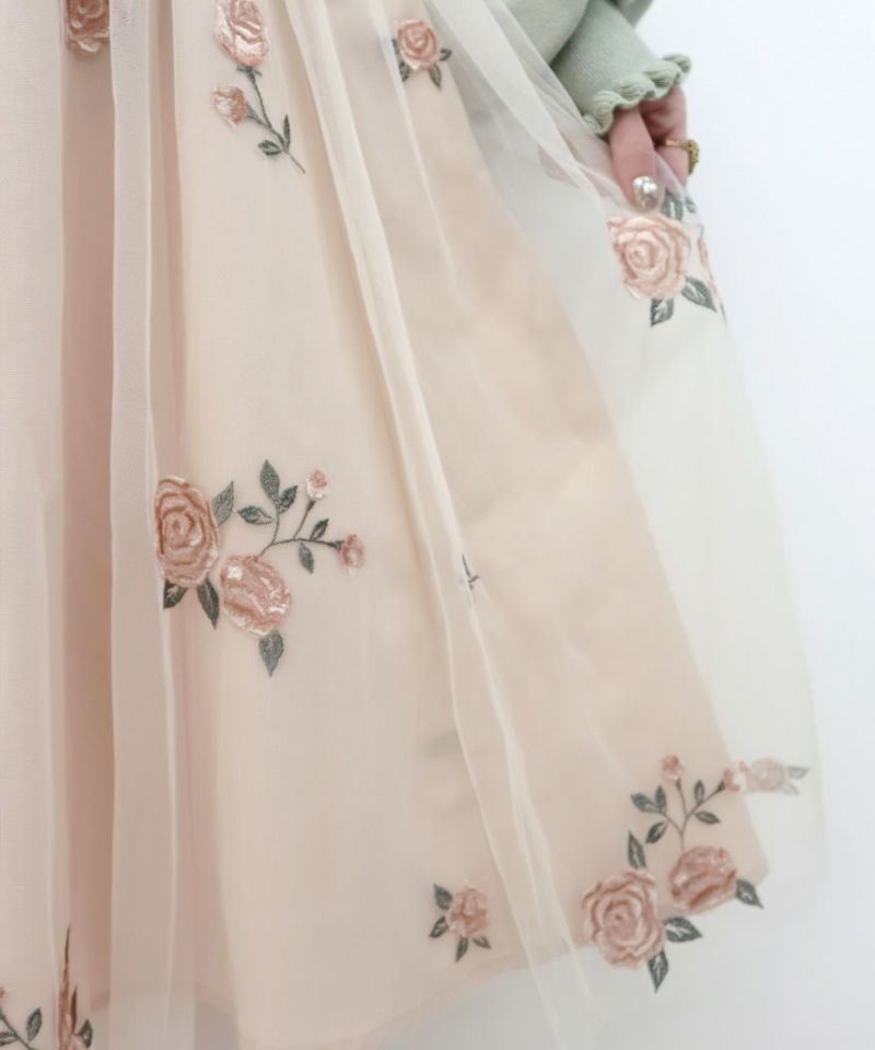 ベルト付きローズ総刺繍チュールスカート/an another angelus