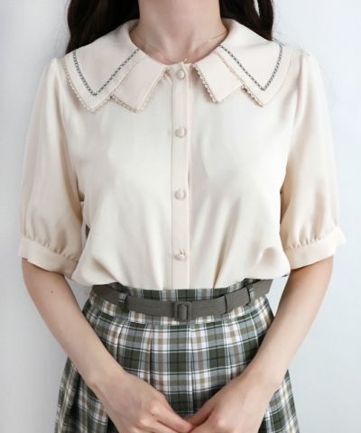 Color scheme line embroidery double color blouse / F i.n.t [37AF02h011]