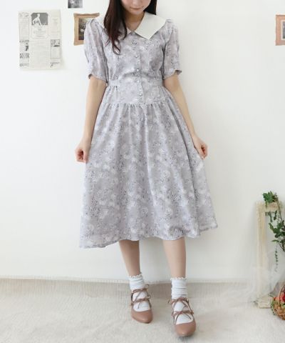 Big cleric collar rose pattern dress / F i.n.t [38AE02h018]