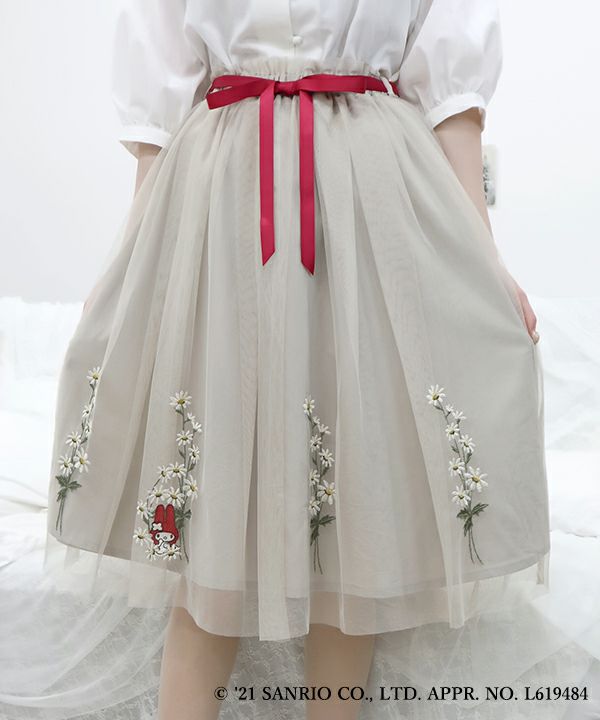 ファミリアミモザ刺繍チュールスカート - スカート