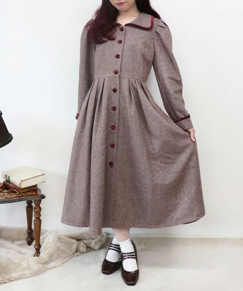 アンアナザーアンジェラス パイピング使い ツイードワンピースコート 赤 ボルドー アンアナザーアンジェラス パイピング使い ツイードワンピースコート