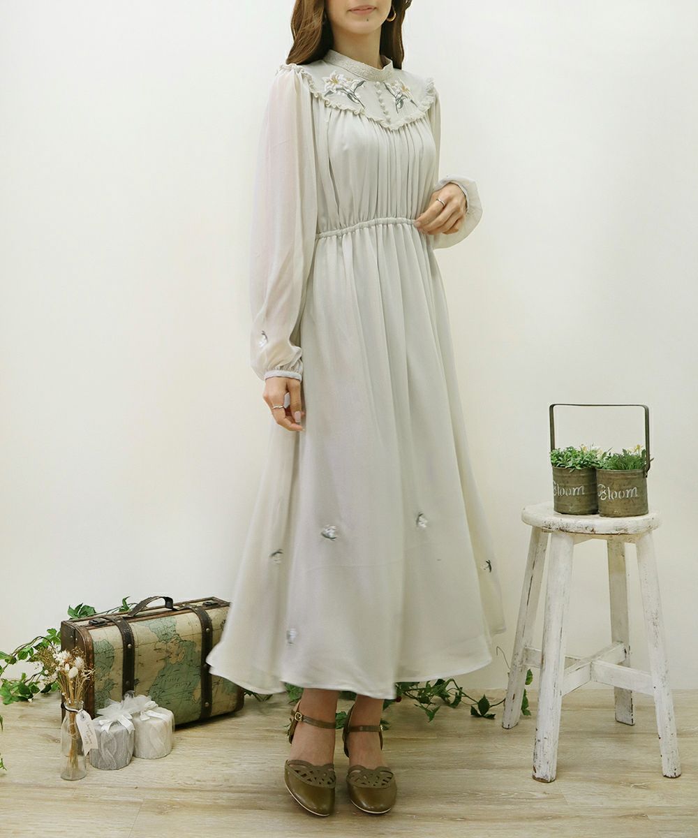 リリーフラワー刺繍楊柳シフォンワンピース/an another angelus 