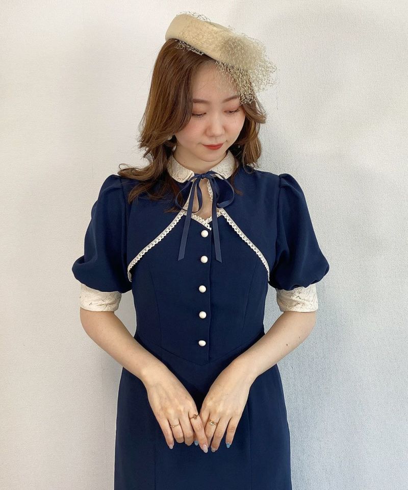 アンアナザーアンジェラス　レース使いフロント開きマーメイドワンピース　ネイビー an another angelus フィント F i.n.t レース使いフロント開き