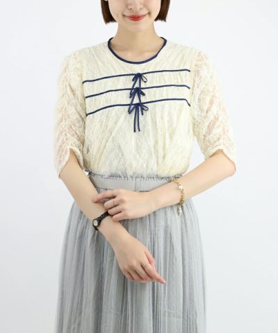 □Ribbon shirred all-lace blouse/an another angelus [42BF02h017]