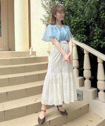 □Striped lace switching gathered skirt/an another angelus [41BG04q009]