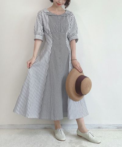 □Random stripe open collar shirt dress/an another angelus [42BE03h021]