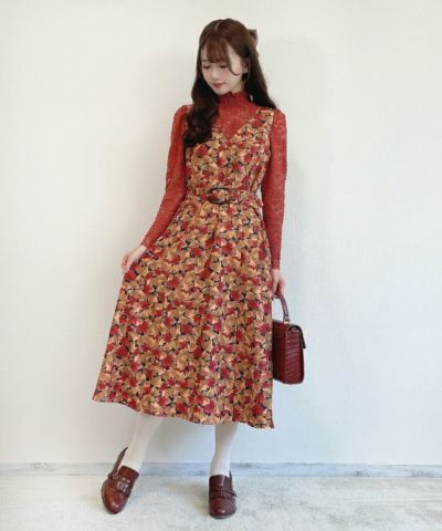 □Fall leaf pattern V-neck dress/an another angelus [43BE04f006]
