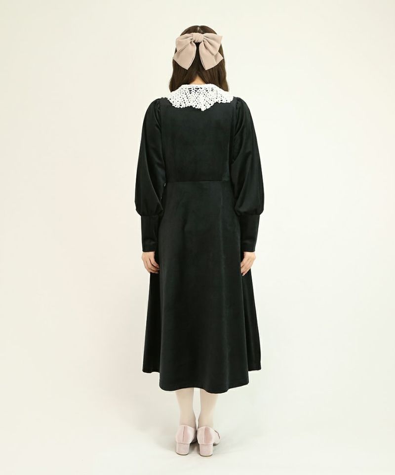 70s ビッグカラー 丸襟 ホルターネック ベルベットロングワンピース N452 花柄刺繍×丸襟］クラシックワンピース 民国風 ワンピース ロング