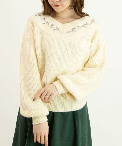 ローズ刺繍オフショルニットプルオーバー/an another angelus [43BJ03j006]