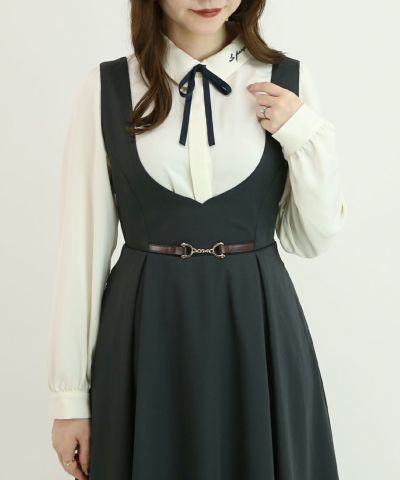 Logo embroidery collar long sleeve blouse with ribbon tie/F int [43AF02j009]
