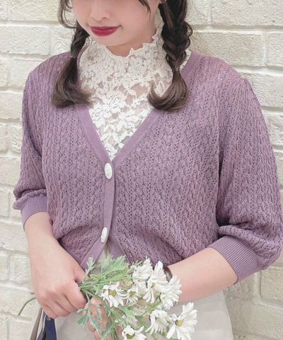□Rose pearl button openwork cardigan/an another angelus [45BJ04h010]