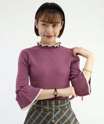 □袖口リボン7分袖ニットプルオーバー/F&A [47CJ03i001]