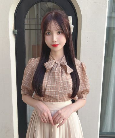 □Sheer check bowtie blouse/F i.n.t [47AF02h005]