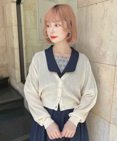 □Grain pearl button sheer rib knit cardigan/an another angelus [47BJ04j005]