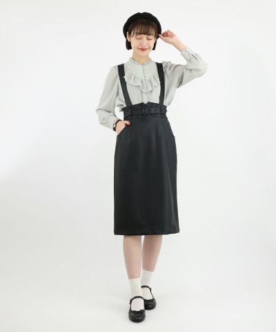 □High waist faux leather tight skirt with suspenders/F int [47AG05n006]