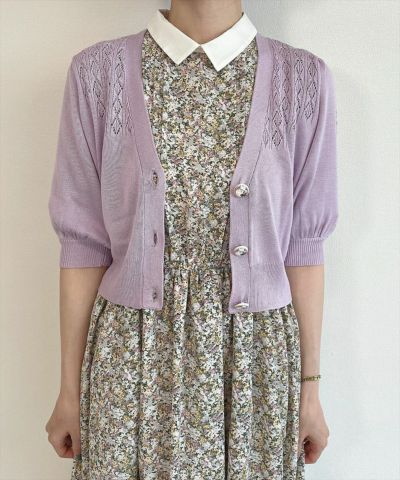 [UV treated item] SAVON package button openwork knit 5/4 sleeve knit cardigan/an another angelus [00BJ04h002]