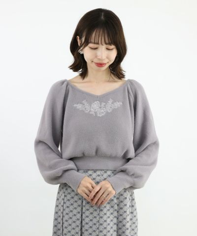 □Rose same color embroidered shaggy knit pullover/an another angelus [47BJ03j013]