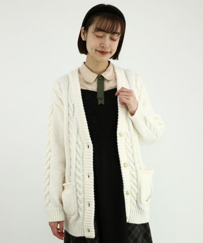 エッフェル塔ロゴ刺繍腰丈ケーブルニットカーディガン/F i.n.t [48AJ05j015]
