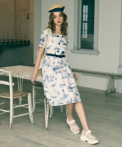 Toile-style marine print dress/F int [49AE02h004]
