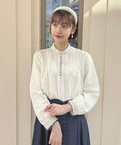 Color scheme ribbon lace stand collar blouse/an another angelus [49BF02j004]