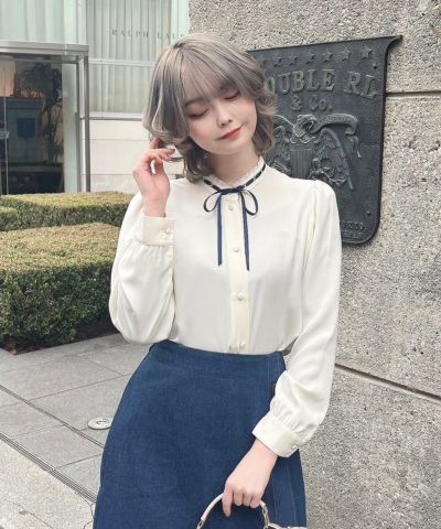 Ladder ribbon stand collar blouse/F int [49AF02j002]