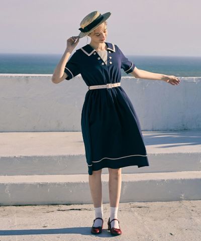 Double button striped yoke marine dress/F int [50AE02h014]