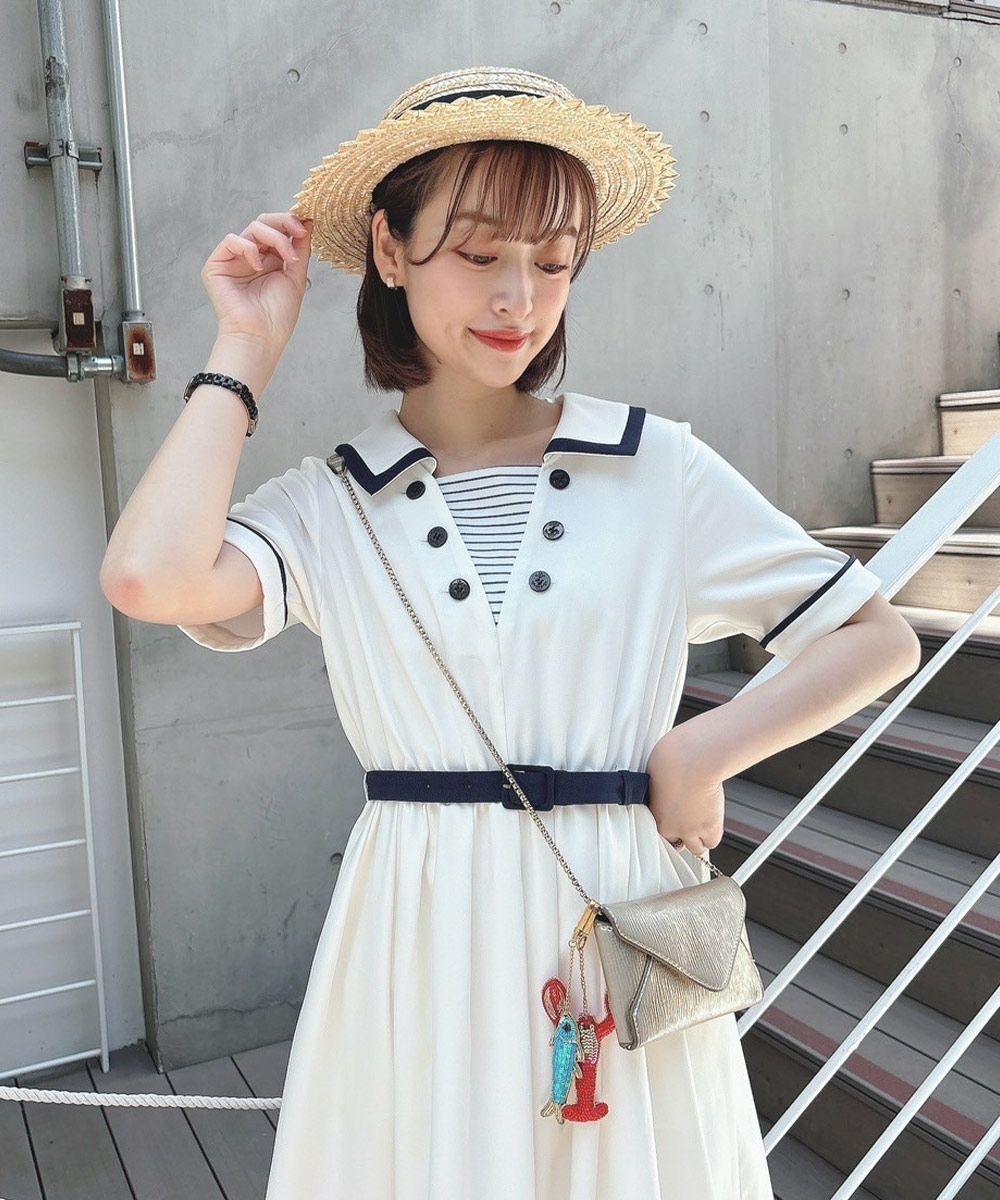 未使用 ベルンハルトウィルヘルム ワンピース プリーツ ボーダー ダブル釦ボーダーヨークマリンワンピース/F i.n.t [50AE02h014] | F