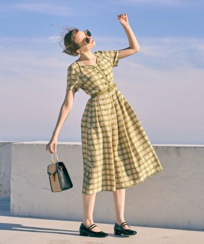 Double button check layered style dress/an another angelus [49BE02g007]