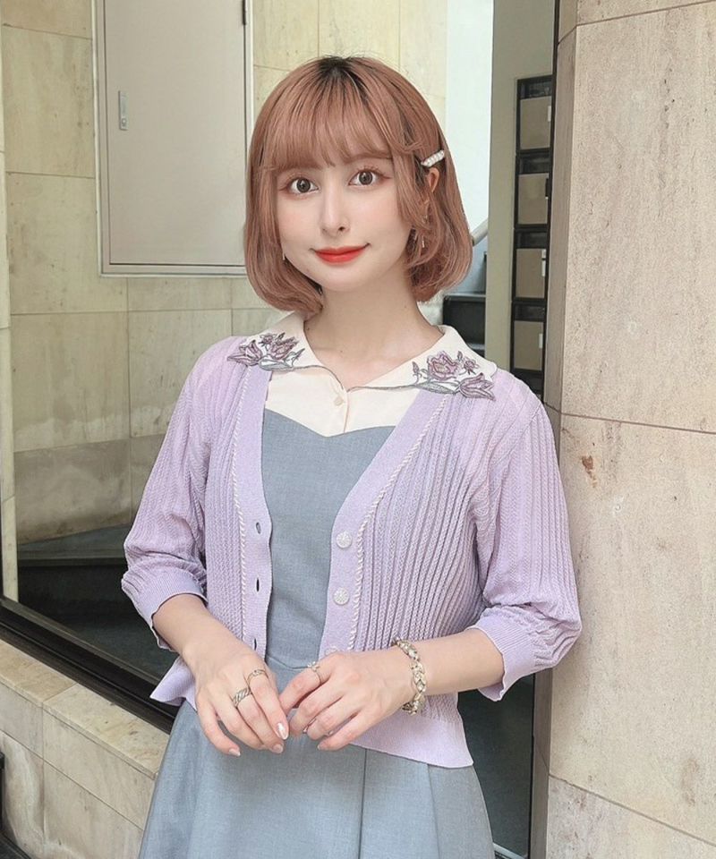 □配色ステッチ透かし編みニットカーディガン/an another angelus