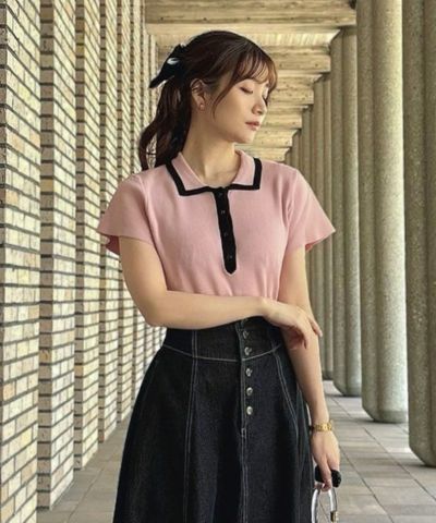 □Color-coordinated line-collar knit polo/an another angelus [50BJ03g009]