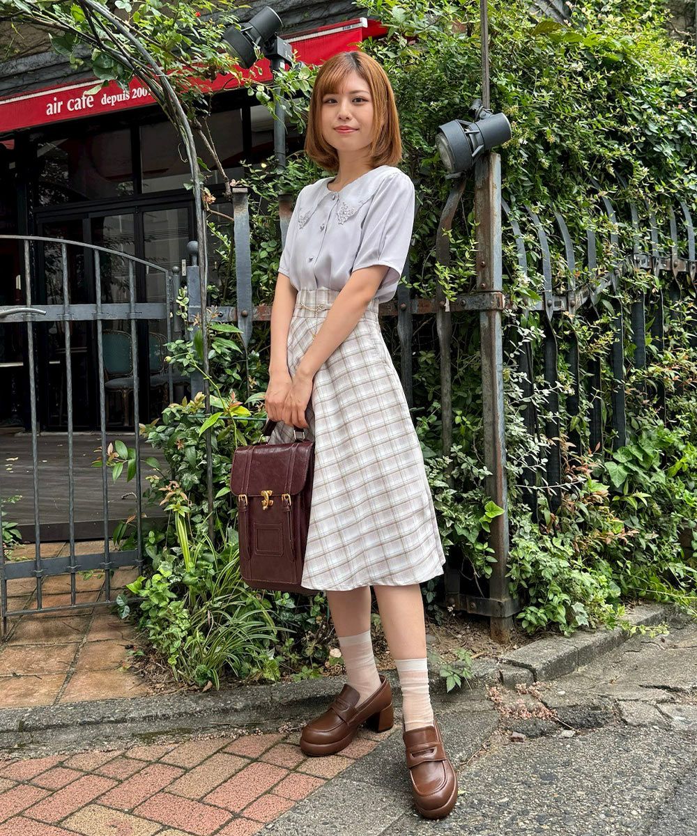 □コインチェーン使いパステルチェックフレアースカート/F&A