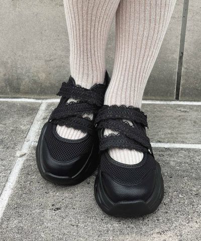 □【サイズ展開】レースベルクロ厚底スニーカー/F i.n.t [53AA07d005]