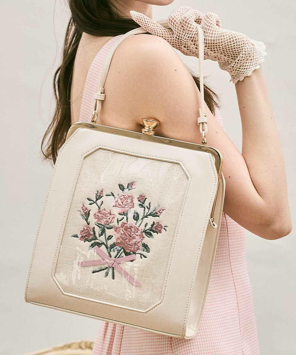 ブーケ刺繍スクエアがま口バッグ/an another angelus [53BC05a003] | F 