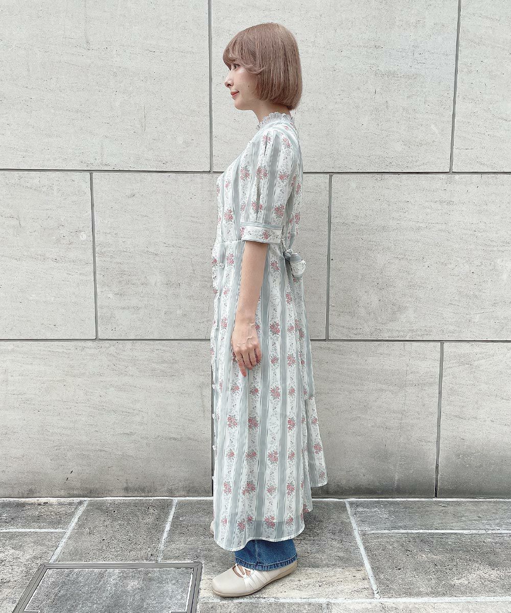 □シアーストライプ花柄ガウンワンピース/an another angelus