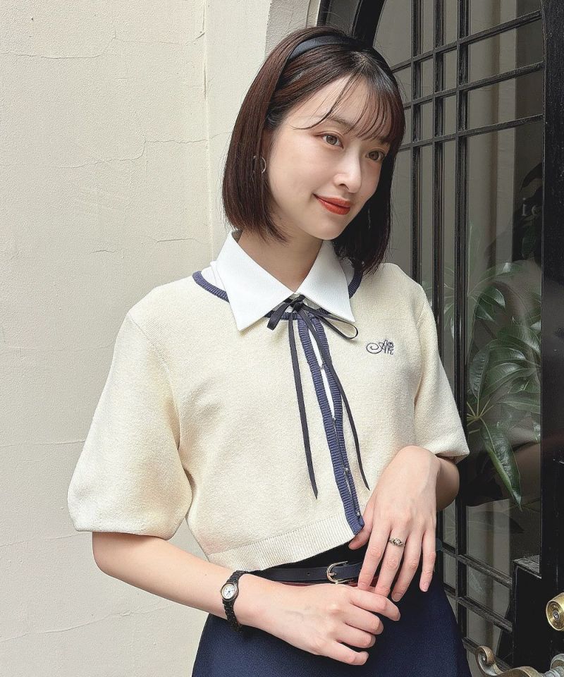 □配色ラインバルーンスリーブニットカーディガン/an another angelus