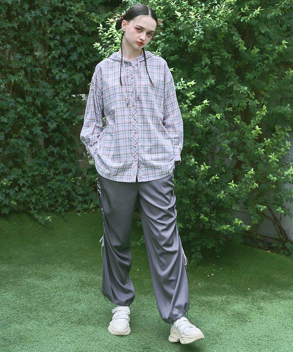 STUD MUFFINフード付き緑黒チェックカットソー STUD MUFFINフード付き緑黒チェックカットソー □フード付きビッグ