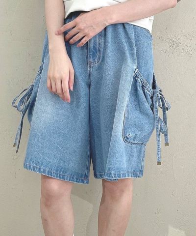 Drawstring ribbon denim shorts/F i.n.t [53AH06m002]