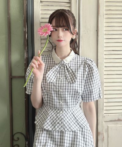 Cleric collar dobby check peplum blouse/F i.n.t [53AF02h011]