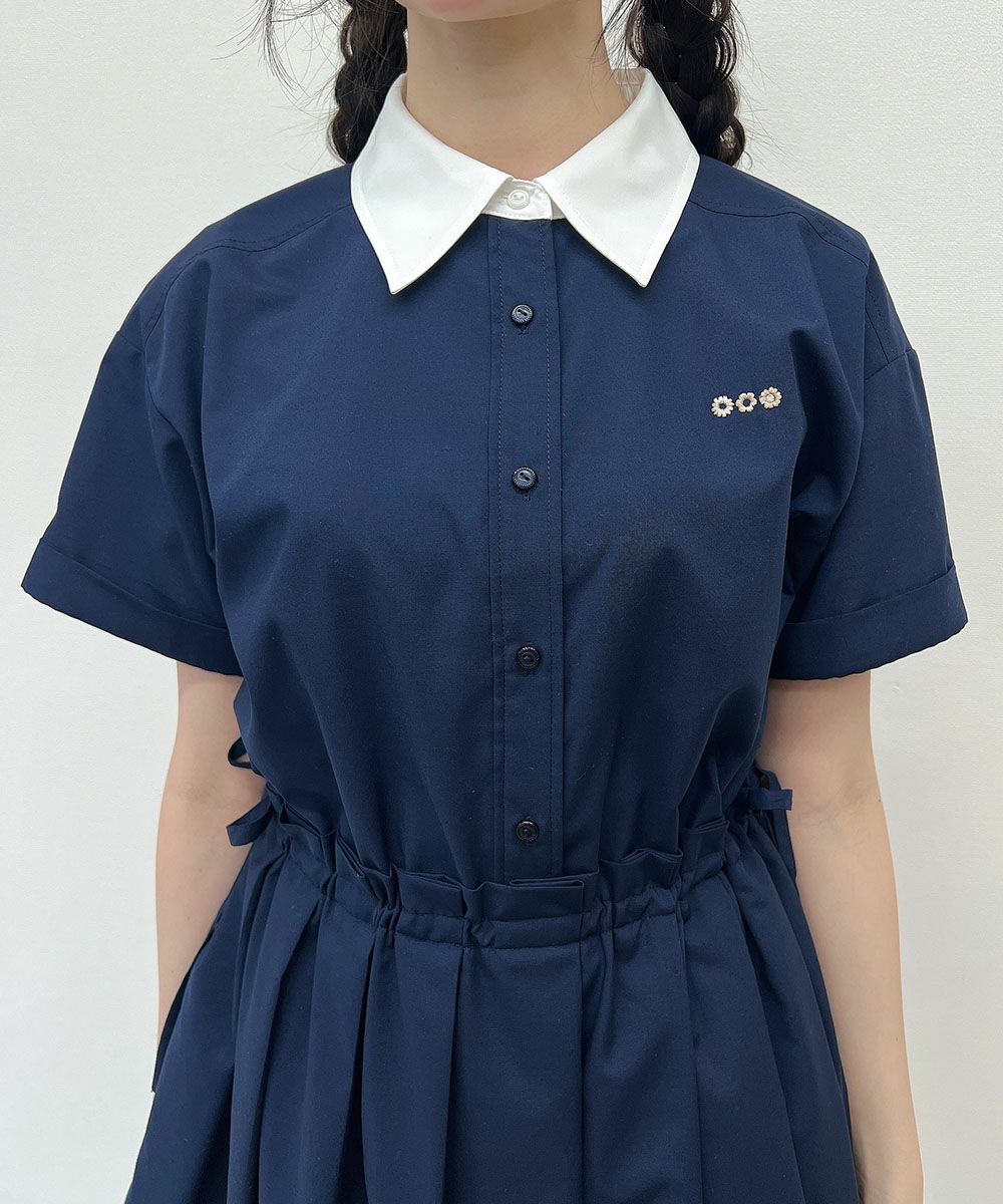 青 シャツワンピース 半袖 リボン付き ドロストリボンシャツワンピース