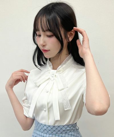 Lace layered bowtie 5/4 sleeve blouse/F i.n.t [53AF02h013]