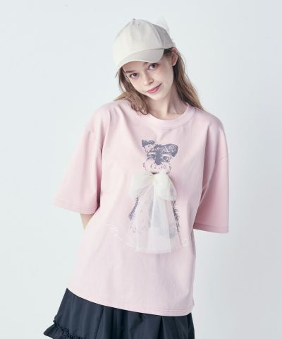 Schnauzer print big T-shirt with tulle ribbon / F i.n.t [53AI02h010]