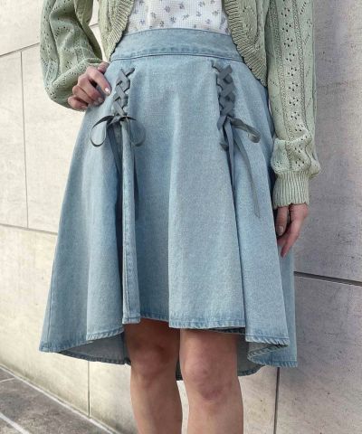 Lace-up asymmetric hem denim skirt/F i.n.t [53AG06n005]